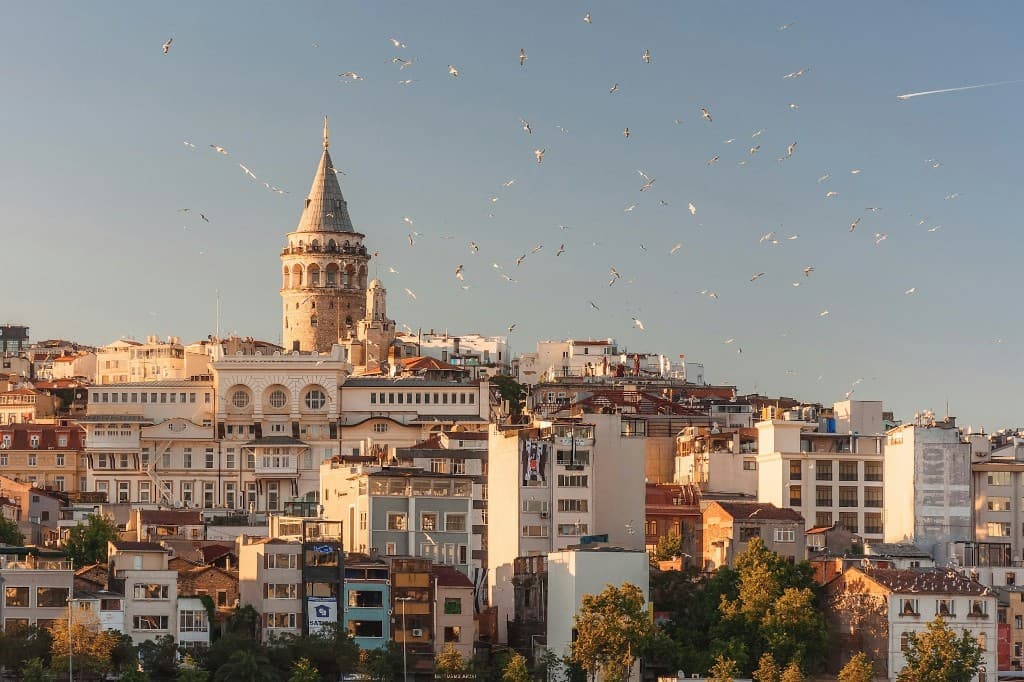 Galata Tower and Istanbul skyline at sunset